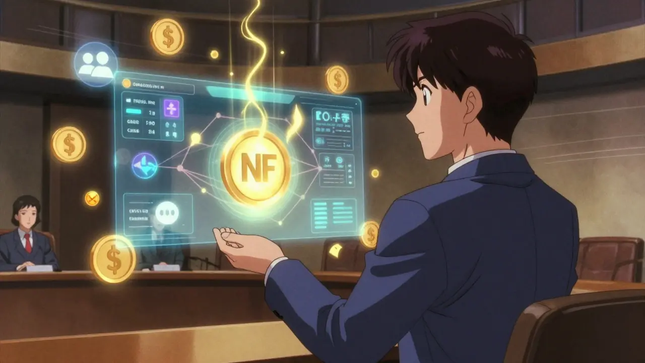 Protagonist voting in a DAO chamber with holographic tokens and connected worlds.