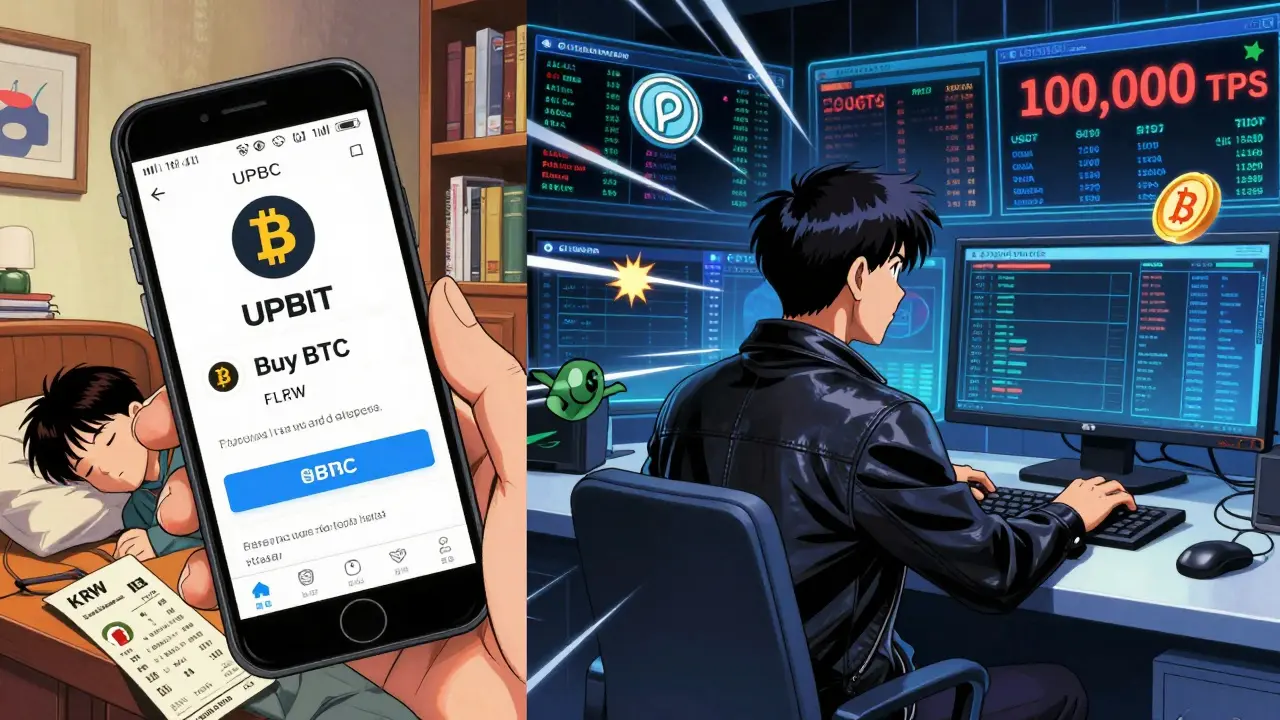 Split scene: casual Korean user buying BTC with KRW vs. professional trader on BTCC with high-speed futures orders.