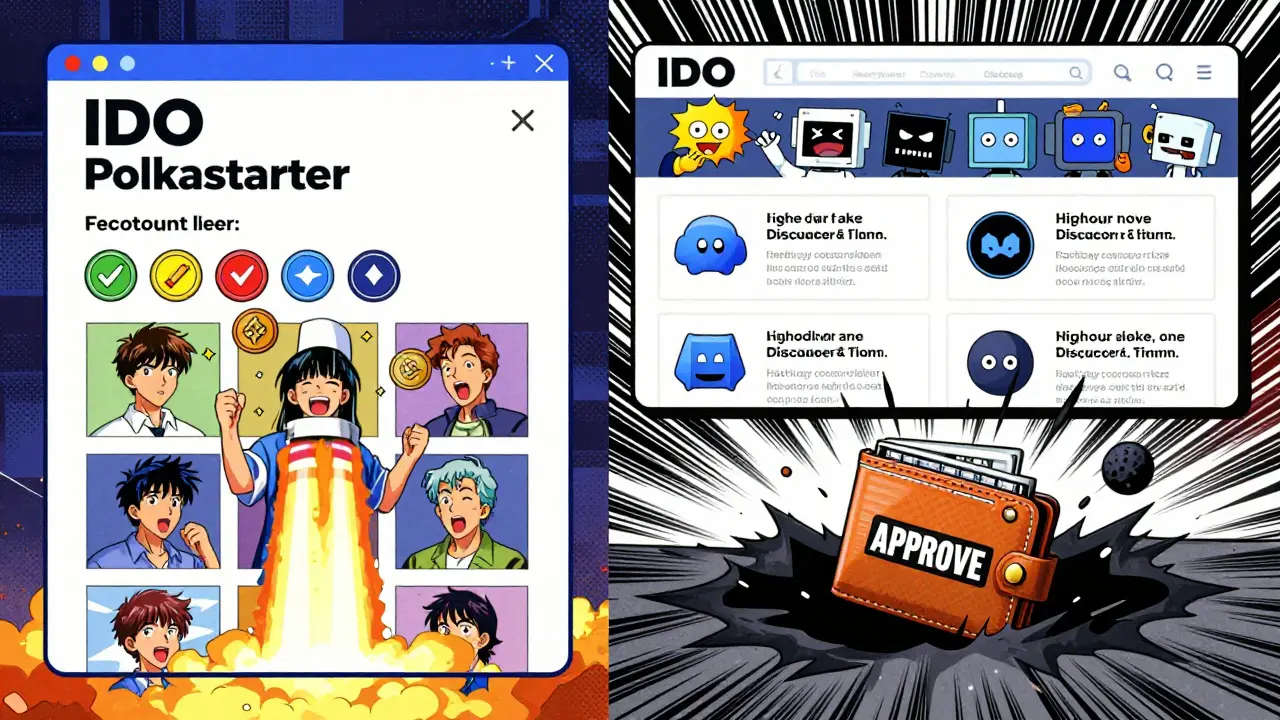 Split scene: legitimate IDO celebration vs. chaotic fake airdrop with bots and a wallet being consumed.