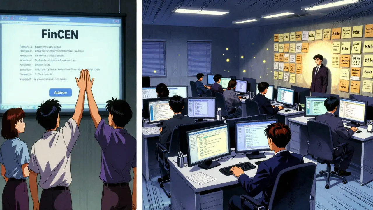 Split scene: startup celebrates registration while a compliance center monitors KYC systems.