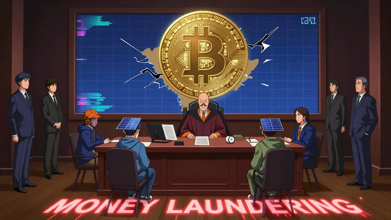 Symbolic courtroom with Bitcoin logo above broken grid, miners and EU advisers facing off.