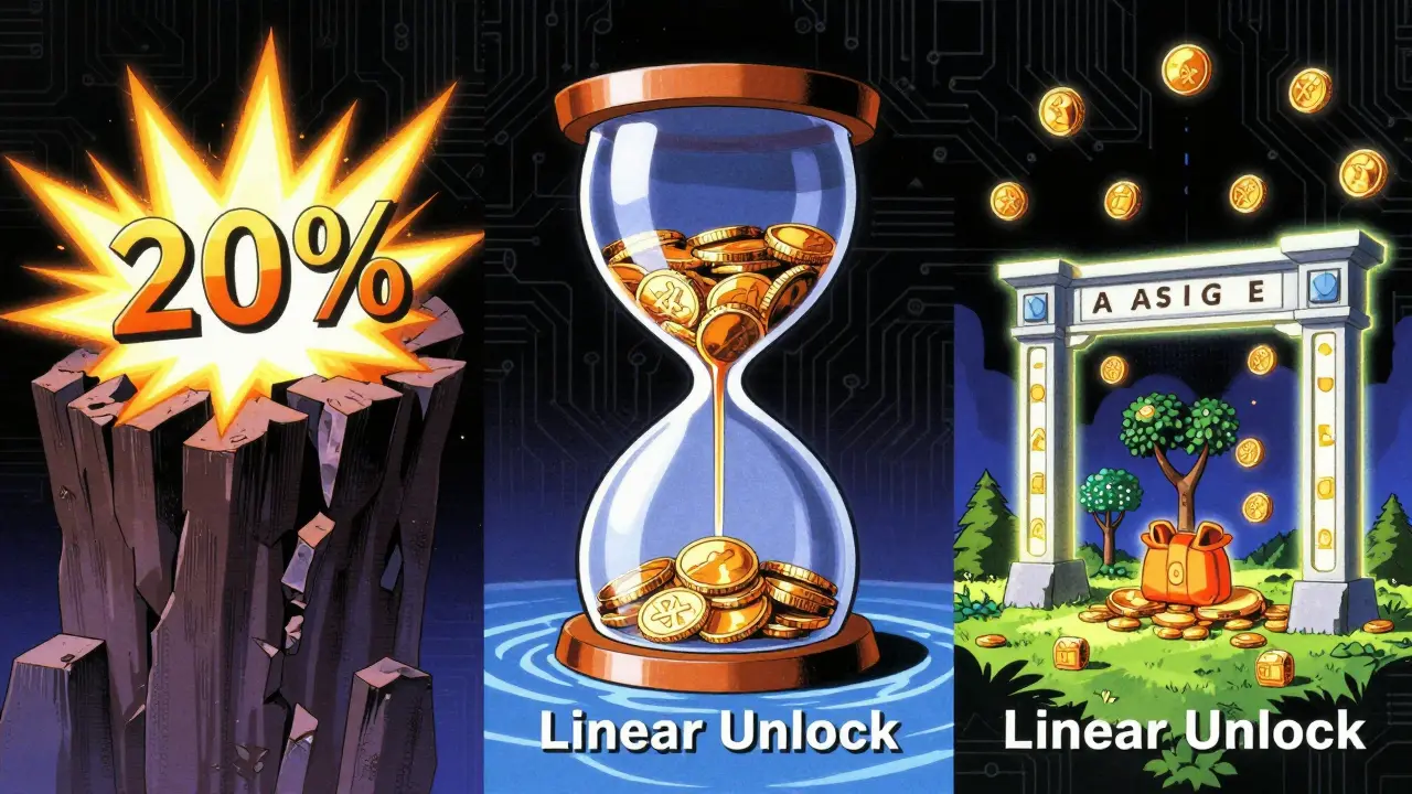 Three anime-style panels showing cliff, linear, and event-based token unlock mechanisms.