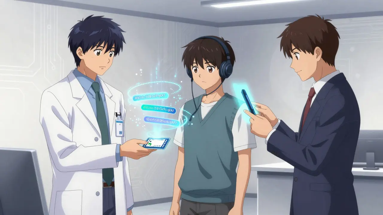 Three figures exchanging a verifiable credential in a futuristic room, with floating DIDs and encrypted data particles.