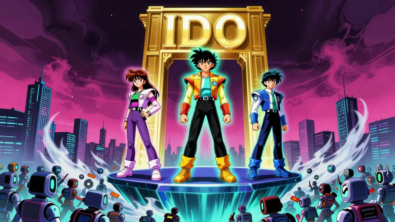 Three NFT avatars ascending toward a golden IDO portal, digital city below.