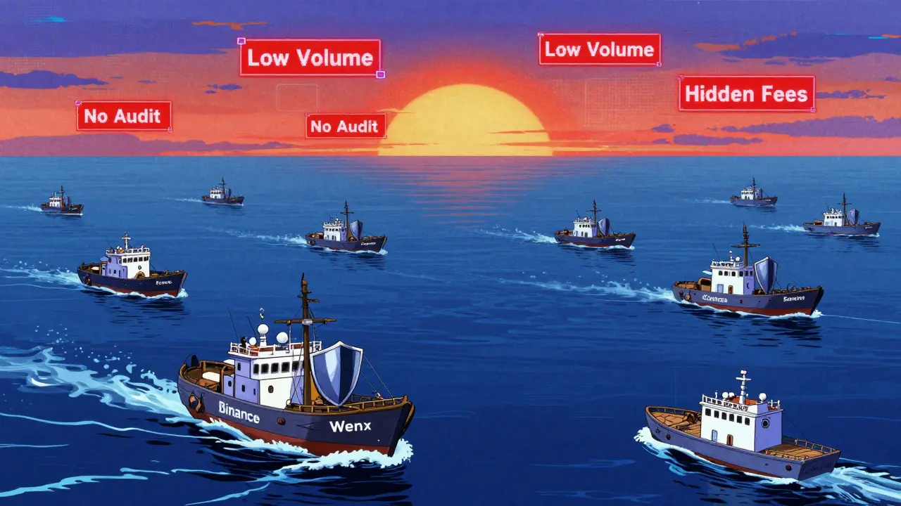 Tiny WenX Pro ship adrift in a vast ocean dominated by giant exchanges, low liquidity all around.