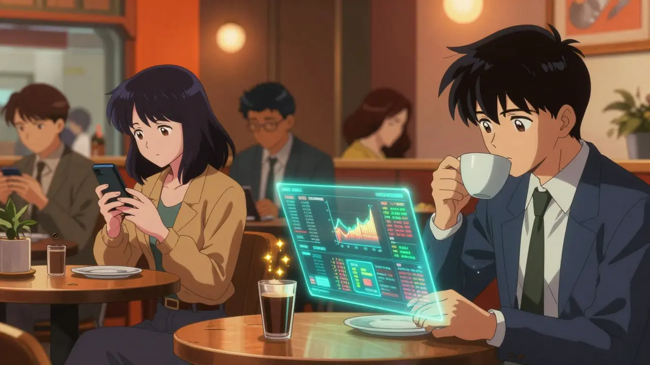 Traders in a futuristic café watch holographic price charts with golden staking sparkles rising around them.