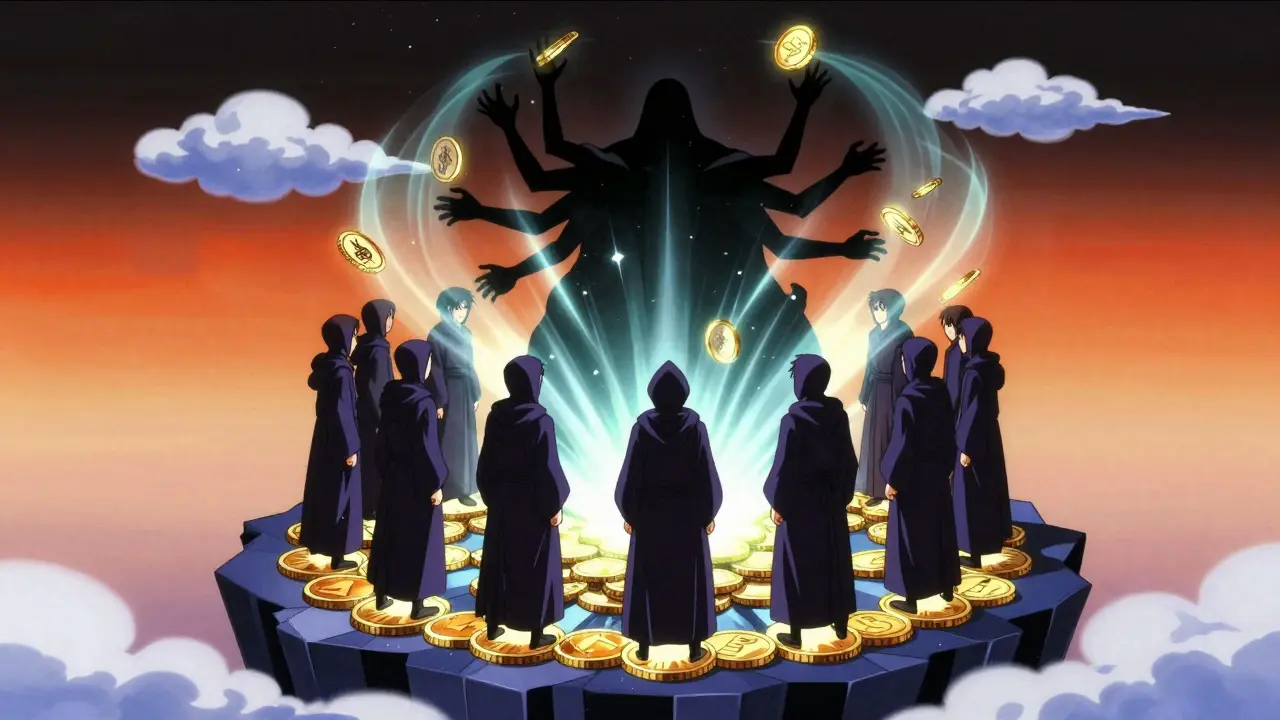 Validators stand united on a blockchain platform, repelling a shadowy figure trying to split the chain.