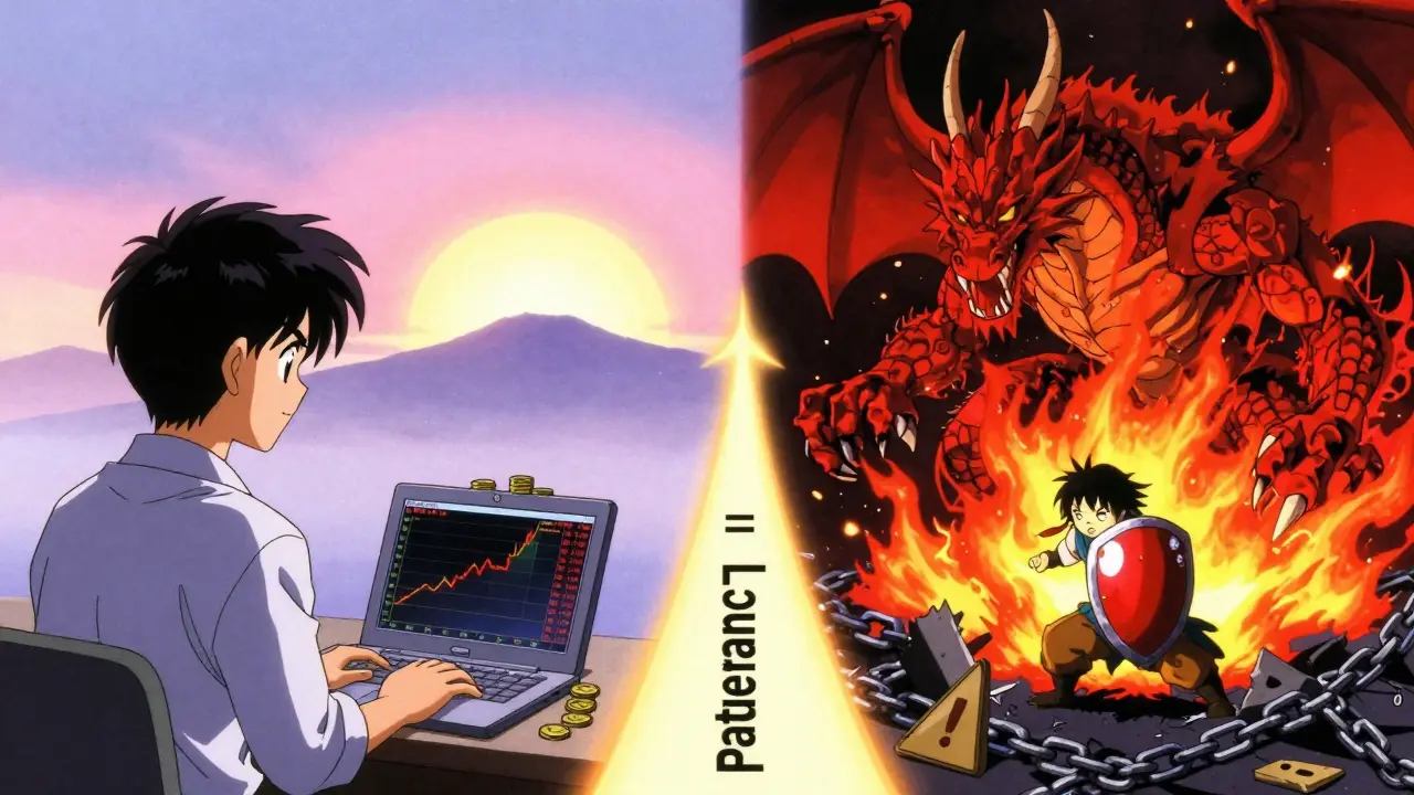 A beginner trader calmly monitoring spot markets while a monstrous 50x leveraged dragon battles a warrior with a stop-loss shield.