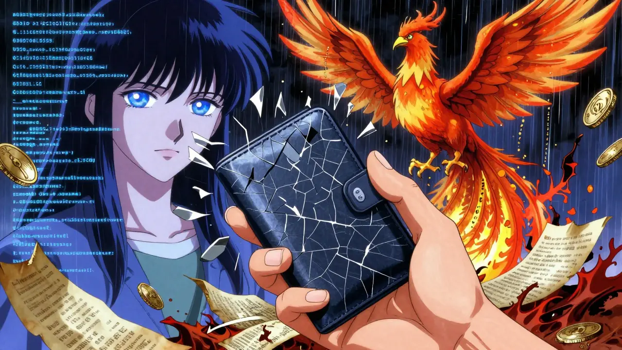 A cracked hardware wallet releases digital fragments as an AI avatar automates property management, with a phoenix rising from paper deeds turned to code.