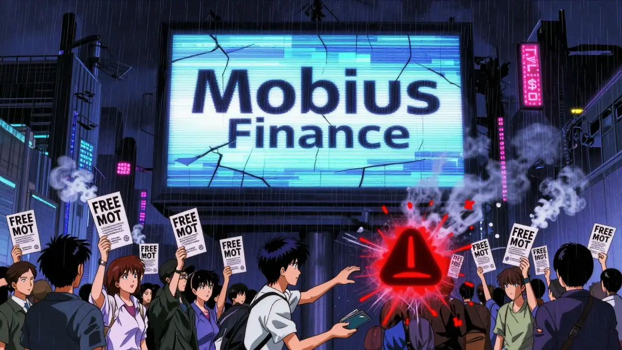 A cyberpunk billboard fades as people hold fake 'FREE MOT' flyers that turn to smoke, with red warning symbols swirling.