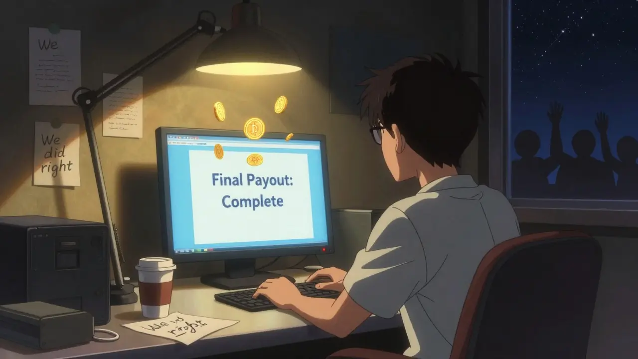 A developer watches coins rise into the sky as CoinDeal shuts down peacefully in a 90s anime scene.