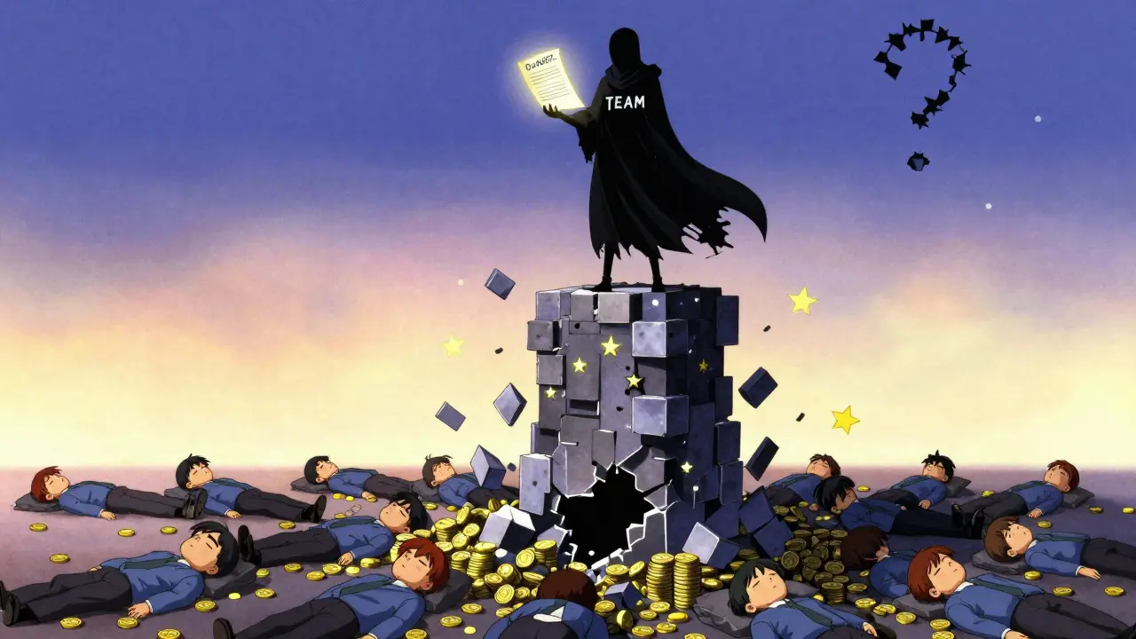 A faceless figure stands atop a crumbling blockchain tower as sleeping investors lie beneath it.