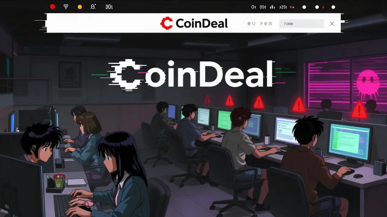 A fake CoinDeal website glitching over users in an internet café, with the real logo fading in the background.