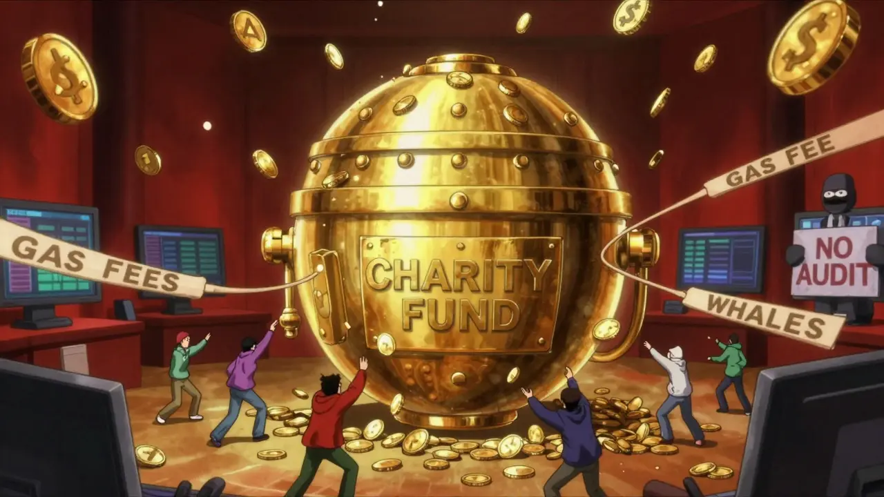 A golden charity vault floats above a chaotic crypto trading floor, with tiny figures struggling to contribute.