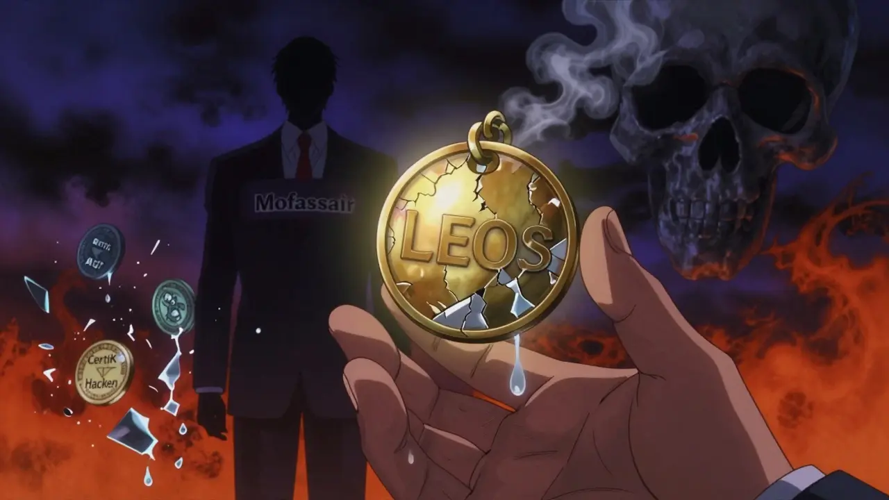 A hand reaches for a cracked LEOS token as a shadowy figure vanishes, with audit seals breaking in the background.