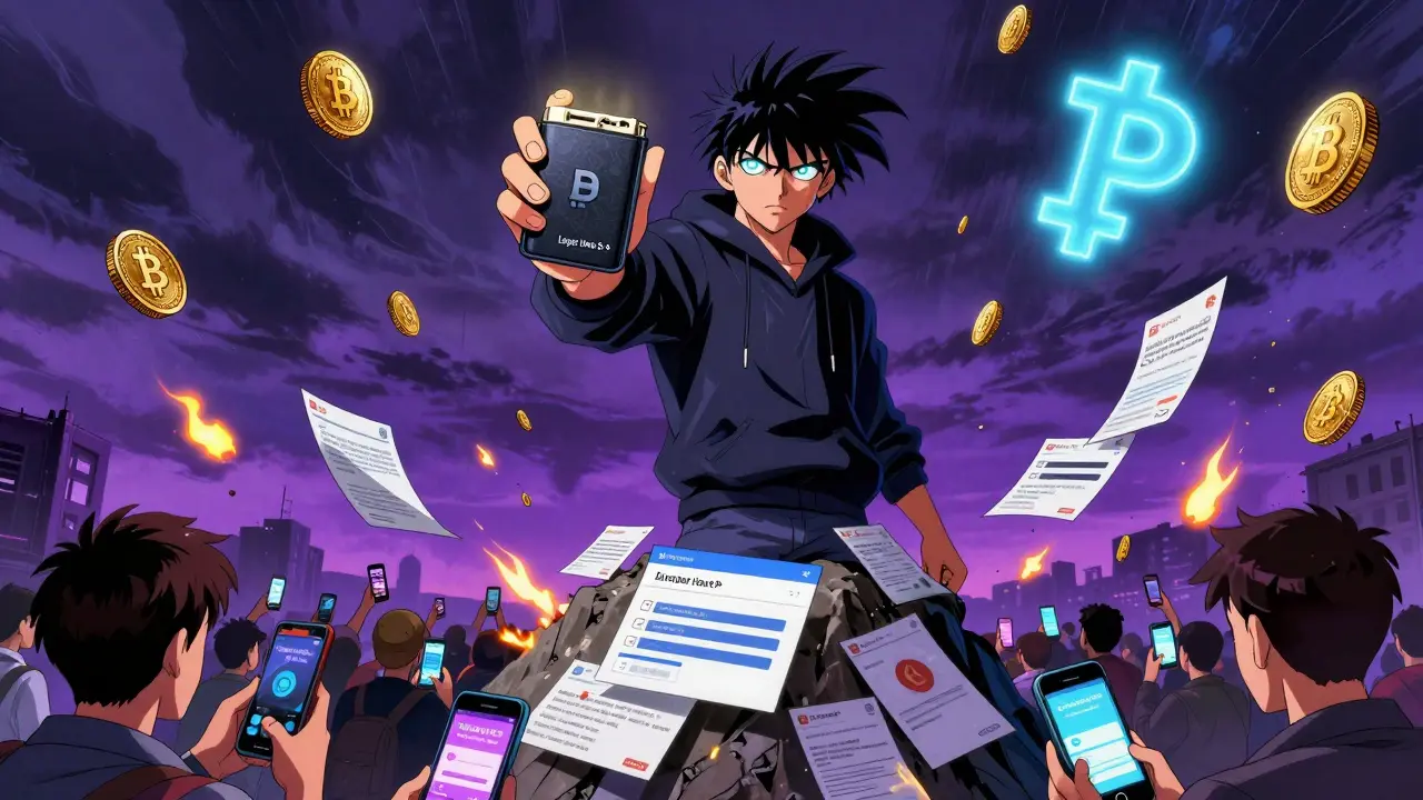 A hero holding a hardware wallet above a pile of failed exchange attempts, under a digital rupee sky.