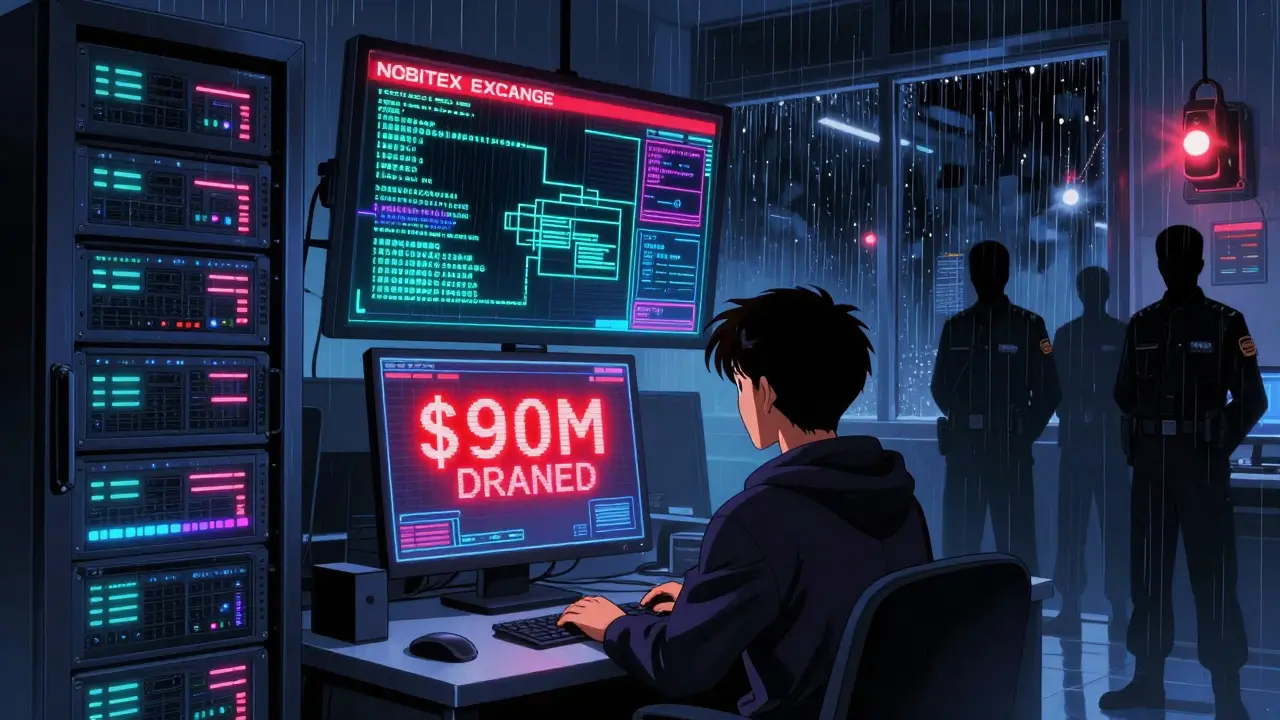 A high-tech crypto exchange interior with a massive data breach alert and shadowy figures watching.