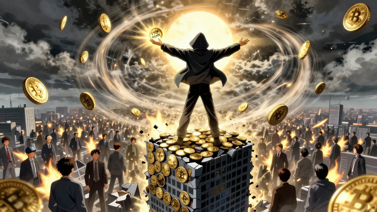 A lone figure stands on a coin skyscraper as stablecoins swirl around him, holding a glowing profit coin against a stormy sunrise.