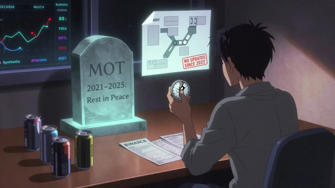 A lonely figure holds a cracked MOT token like a broken watch beside a tombstone marked 'MOT 2021–2025' in 90s anime style.
