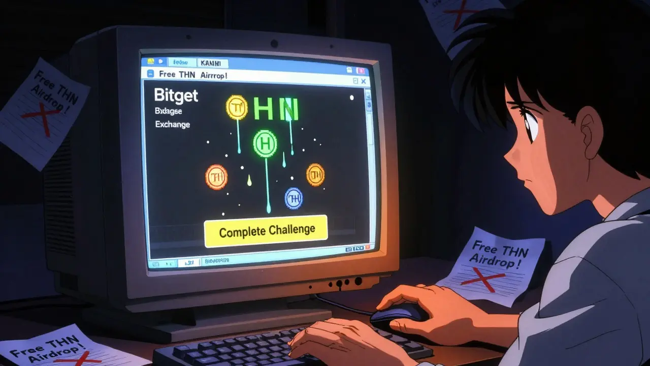 A person clicking on Bitget exchange with THN tokens raining down, surrounded by rejected 'free airdrop' papers.