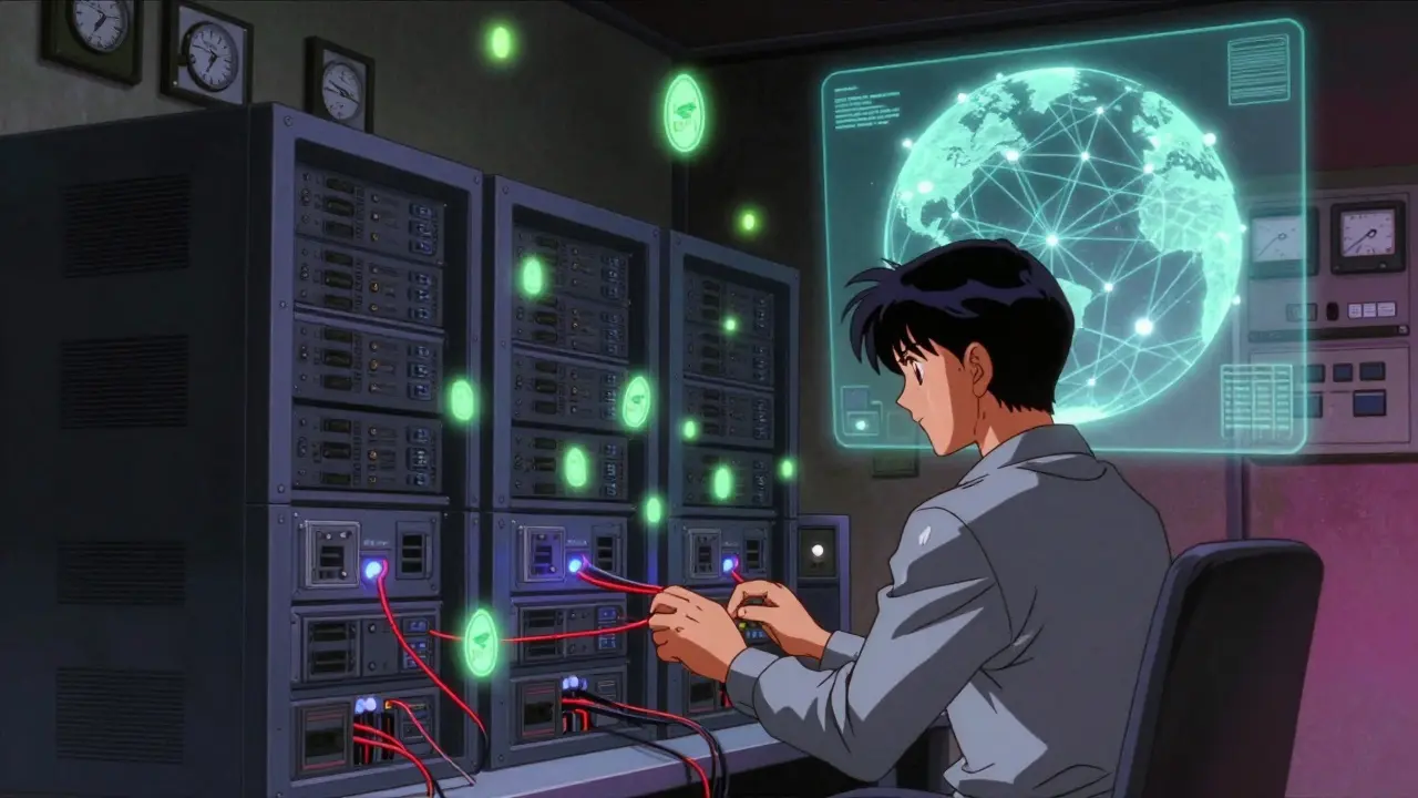 A Service Peer operating server racks with glowing SYLO tokens and global network connections in a dim basement.