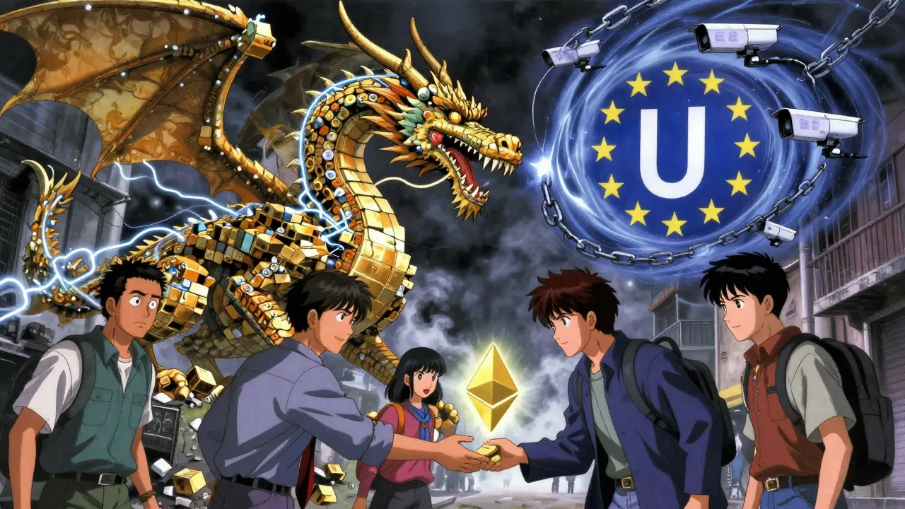 A symbolic dragon of Bitcoin fighting sanctions, while people trade digital tokens in hidden alleyways.