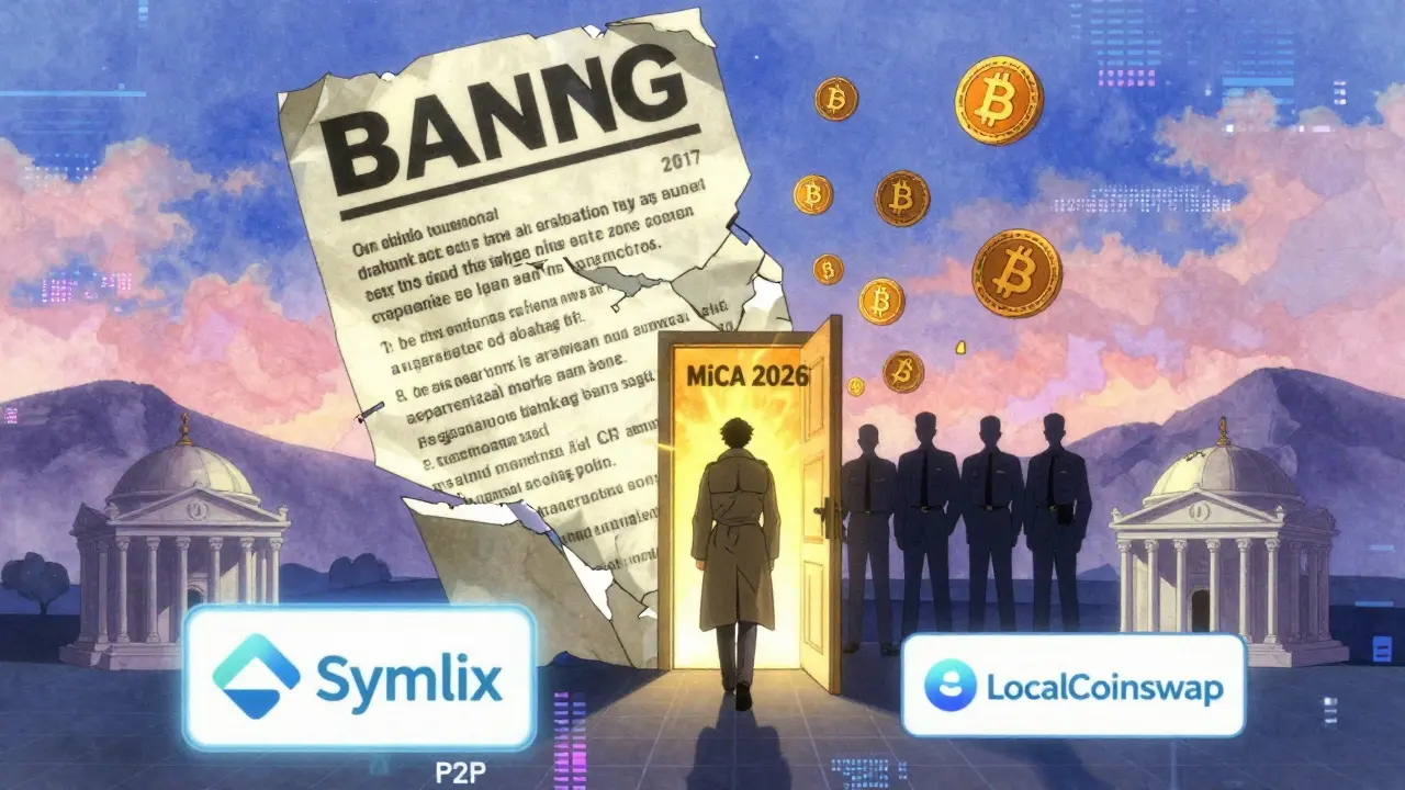 A symbolic scene of outdated banking laws dissolving into crypto symbols and a glowing path toward future regulation.
