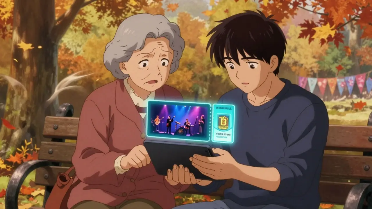 An elderly woman learns to use a crypto wallet with her grandson, a holographic concert ticket floating between them.