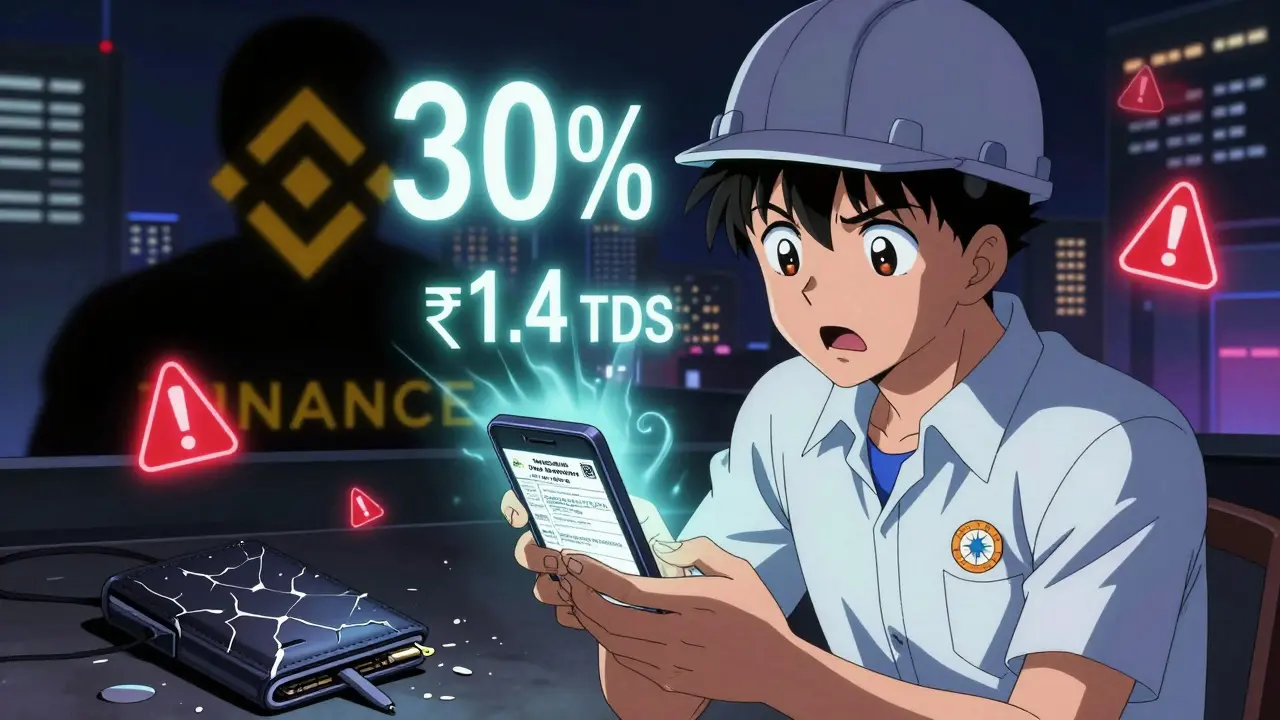 An engineer shocked by a crypto tax notice, with floating tax percentages and a broken wallet.