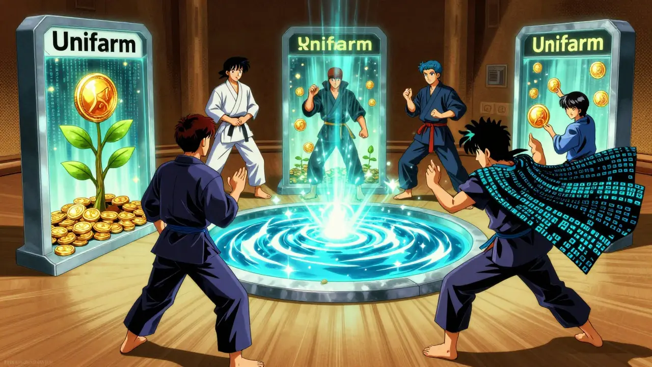 Characters in a DeFi dojo staking tokens that grow into trees bearing more tokens.