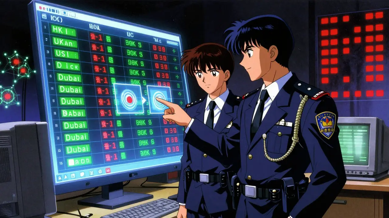 Compliance officers reviewing a digital ledger with dual-approval workflow and approved exchanges glowing.