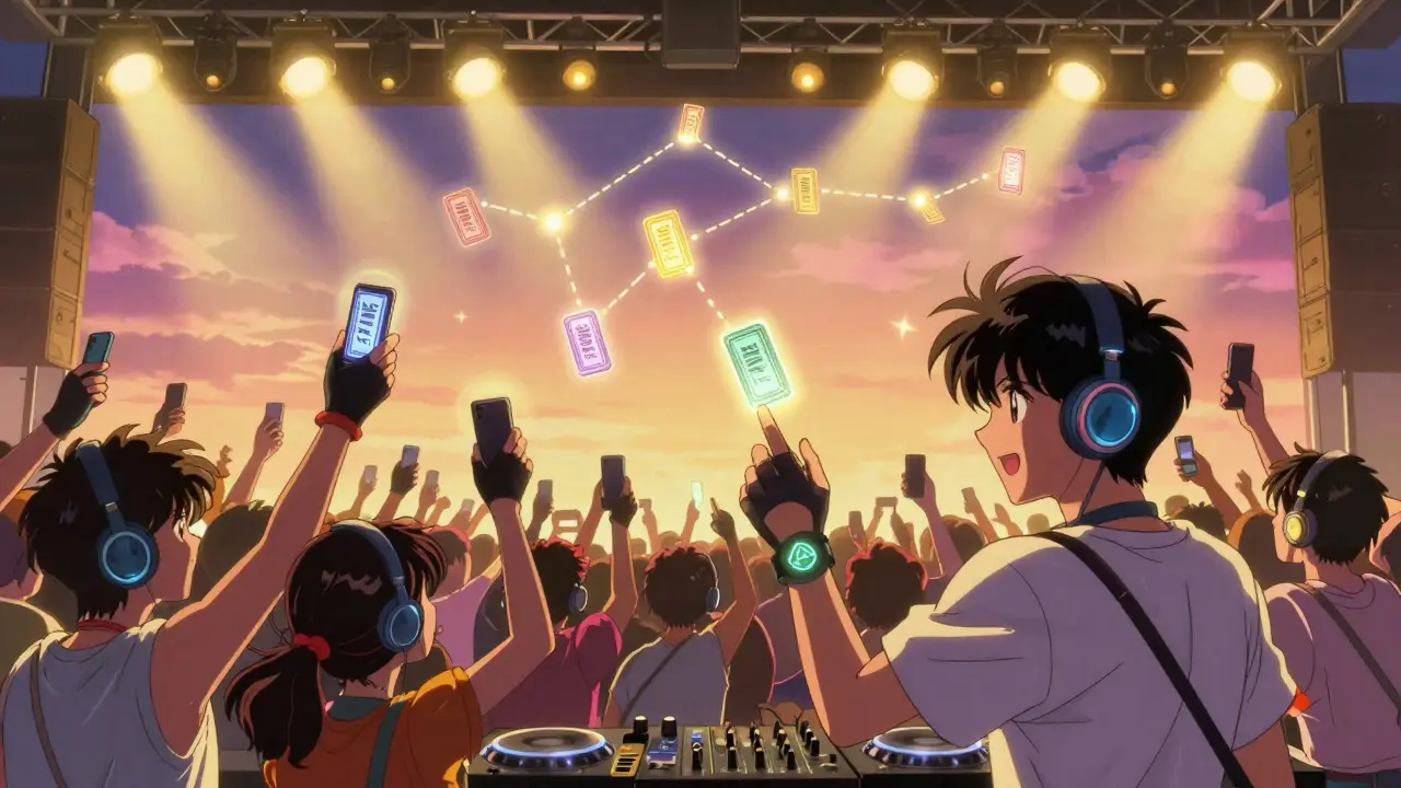 Crowds hold up phones projecting shimmering NFT tickets into the air above a concert stage.