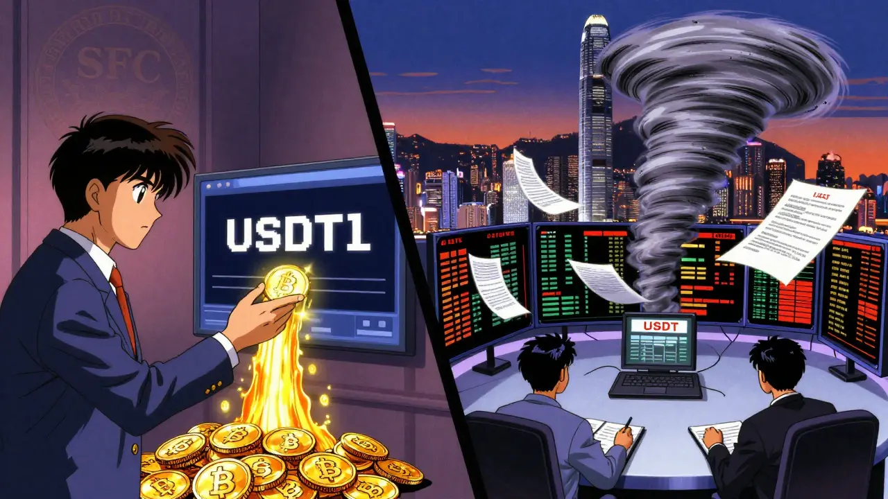 Dual-currency investment transforming USDT into ETH, with derivatives tornadoes in the background.