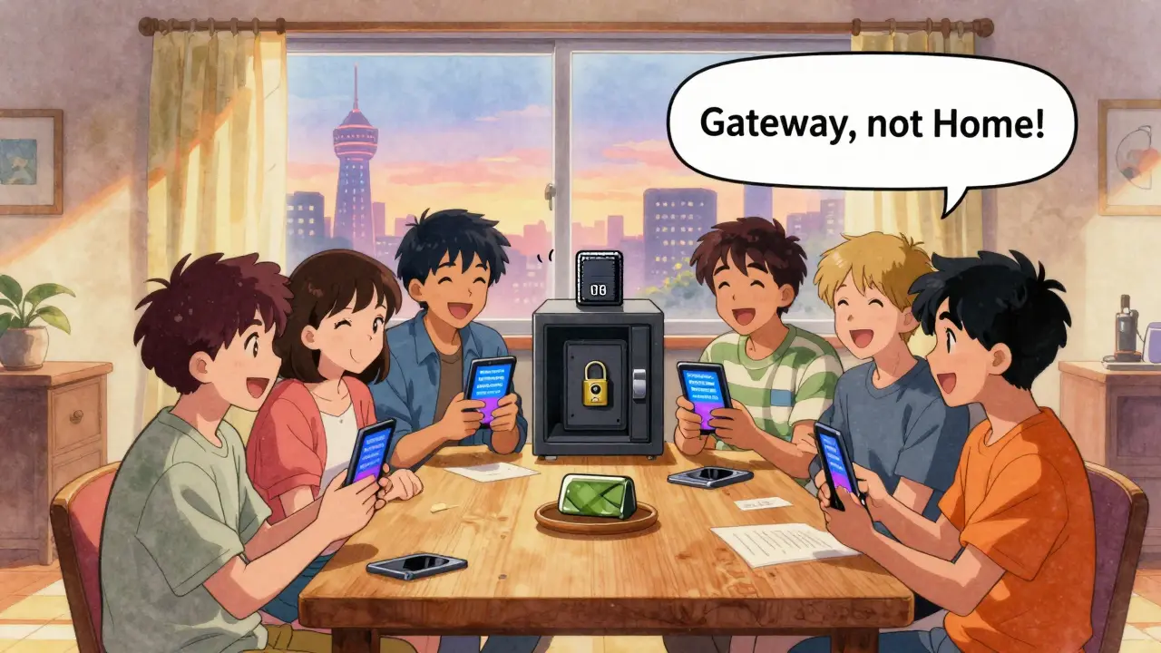 Friends earning USDT rewards on KoinBay, hardware wallet safely stored in background