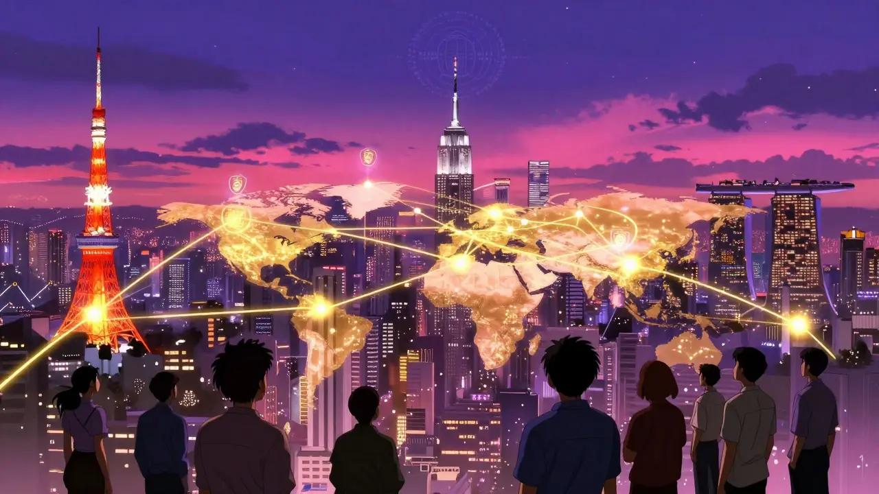 Global network of cities connected by golden blockchain threads, with patent icons glowing above each location.