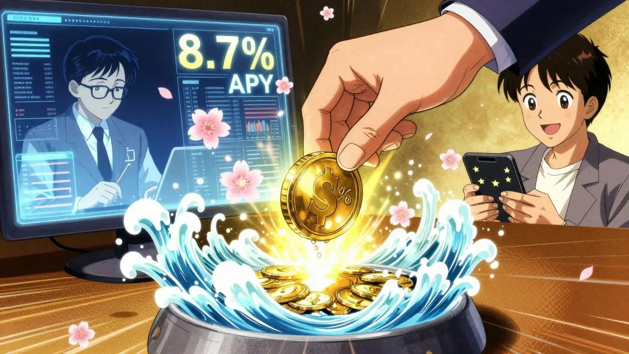 Hand depositing USDC into a minting portal with floating 8.7% APY numbers and dual scenes of finance and joy.