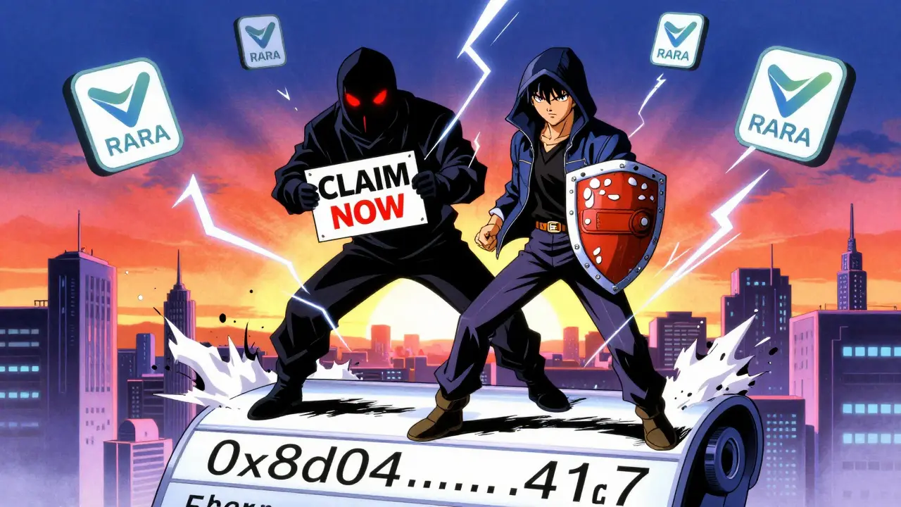 Hero with wallet shield defeating a scammer amid glowing blockchain transactions.