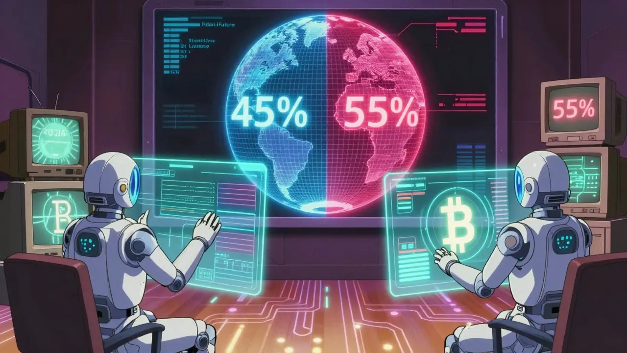 Holographic bots rebalance liquidity ranges on a futuristic globe showing split DeFi liquidity percentages.