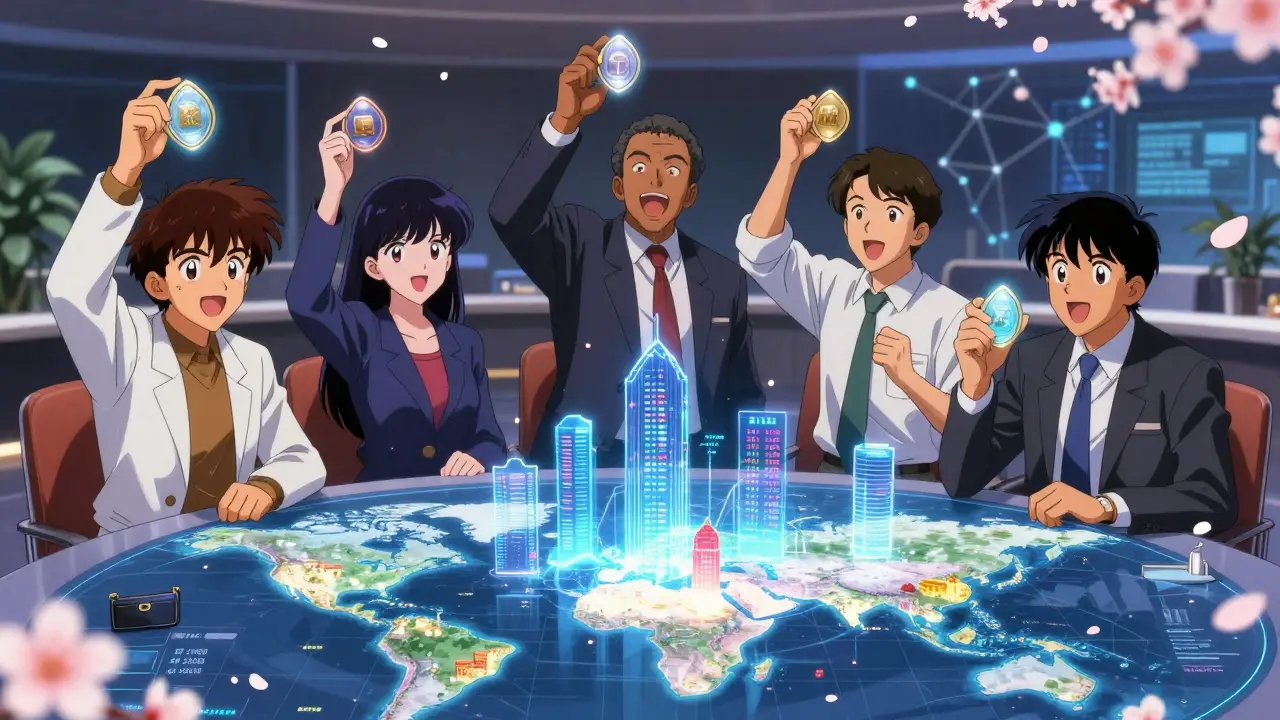 Investors from around the world view tokenized real estate assets on a holographic map, each property glowing with ownership and yield indicators.
