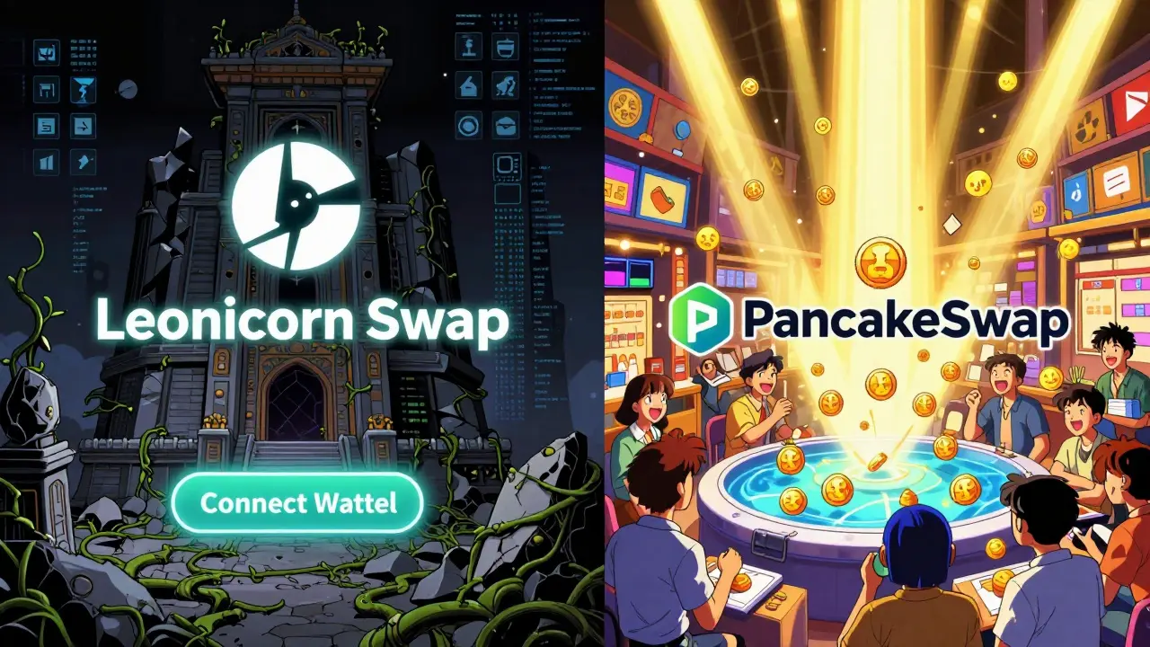 Leonicorn Swap as a crumbling digital temple vs. PancakeSwap as a vibrant cyber-market, contrasting decay and life in 90s anime style.