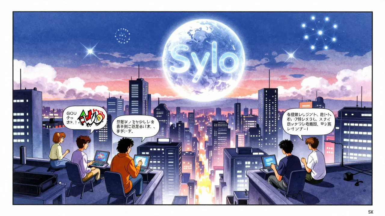 NFT artists on a rooftop commenting on floating digital art using Sylo, with a giant Sylo logo in the night sky.