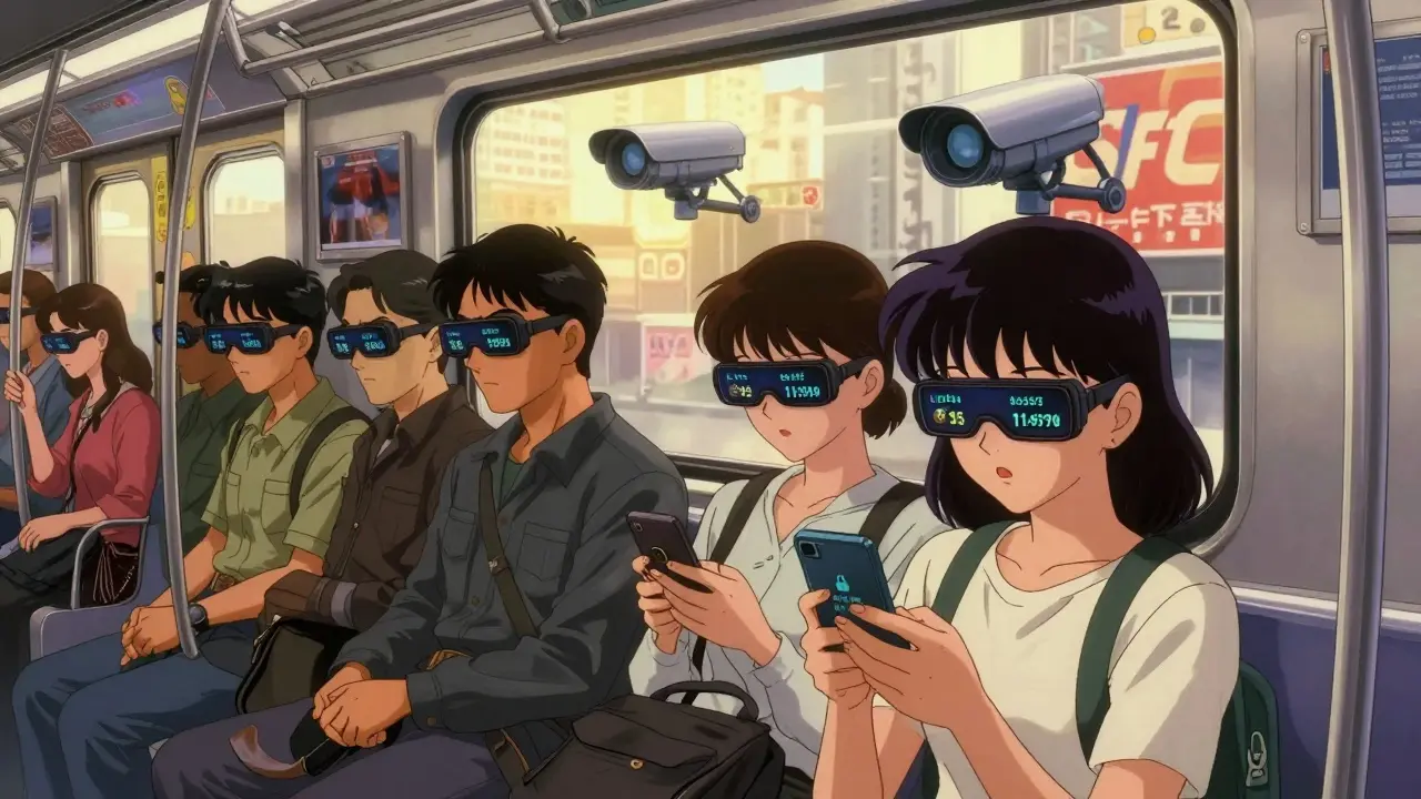 Passengers on a Hong Kong subway with AR crypto displays, one facing a dual-approval lock prompt.