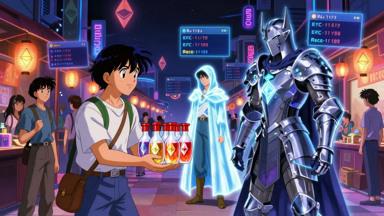 Players trade mixed tokens in a neon marketplace—a potion bundle, a glowing cloak, and an armor set binding to one’s gear under floating blockchain UI.