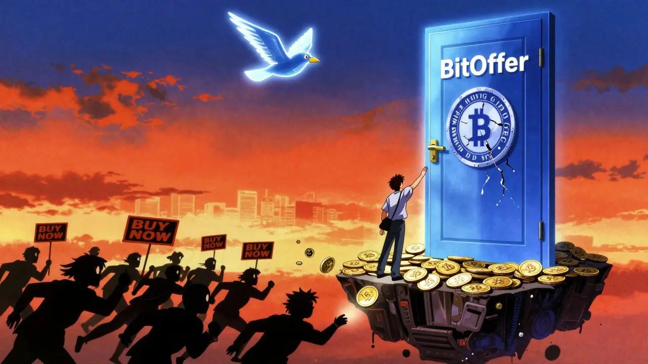 Protagonist reaching for a BitOffer door guarded by SFC seal, while others chase meme coins below.