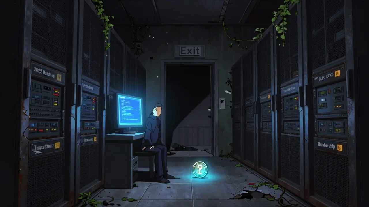 Solo figure in an abandoned server room with a glowing TRAXX token on the floor.