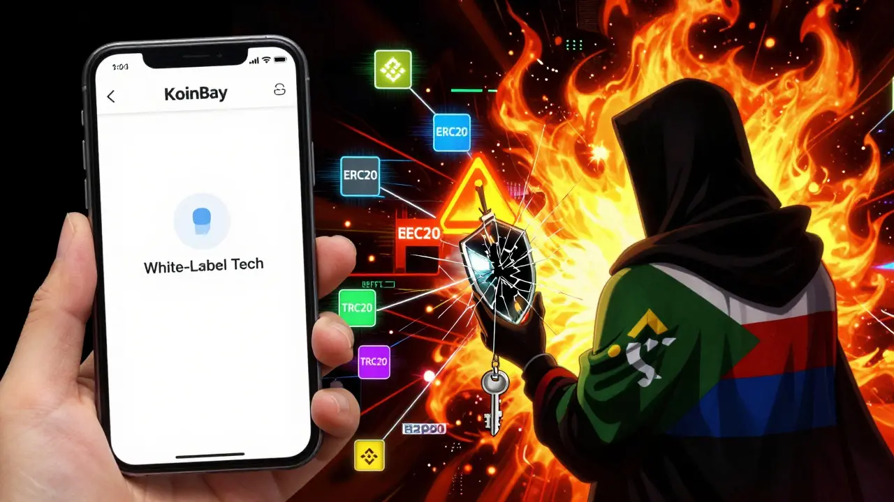 Split-screen: calm KoinBay mobile site vs chaotic blockchain glitch, shadowy white-label figure