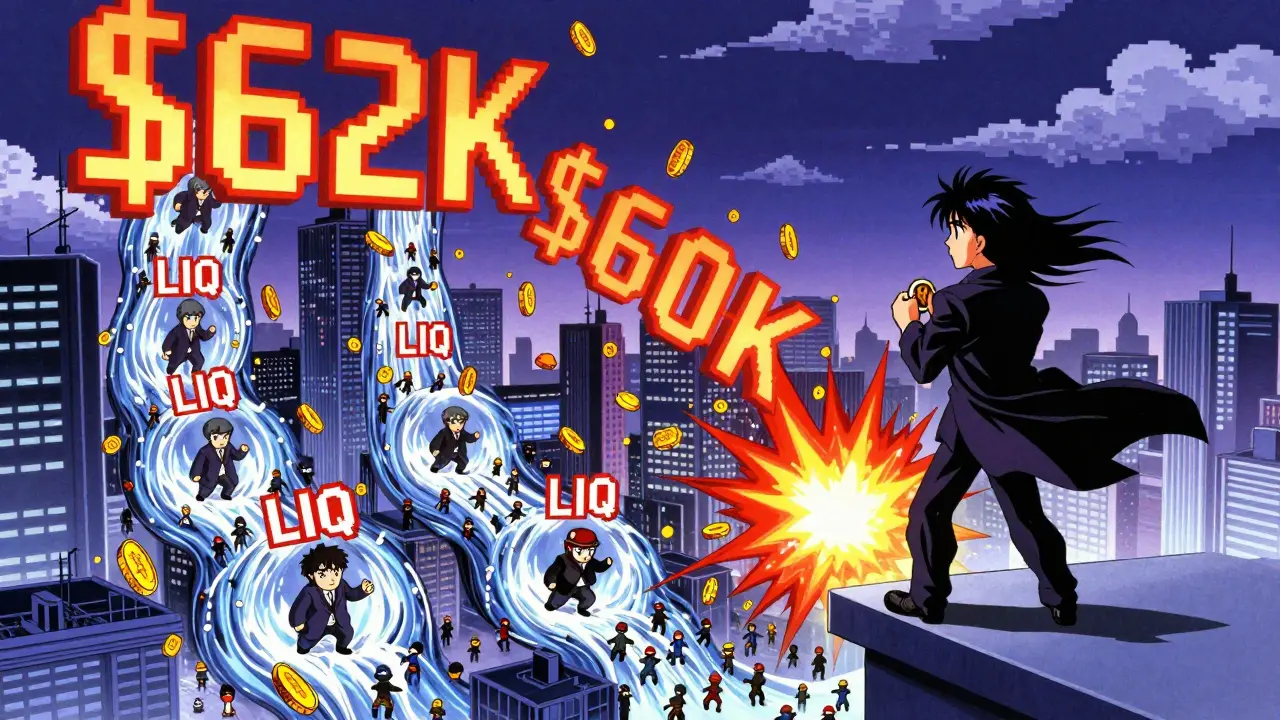 Thousands of trader avatars being sucked into liquidation vortexes during a Bitcoin price crash in a cyberpunk city.