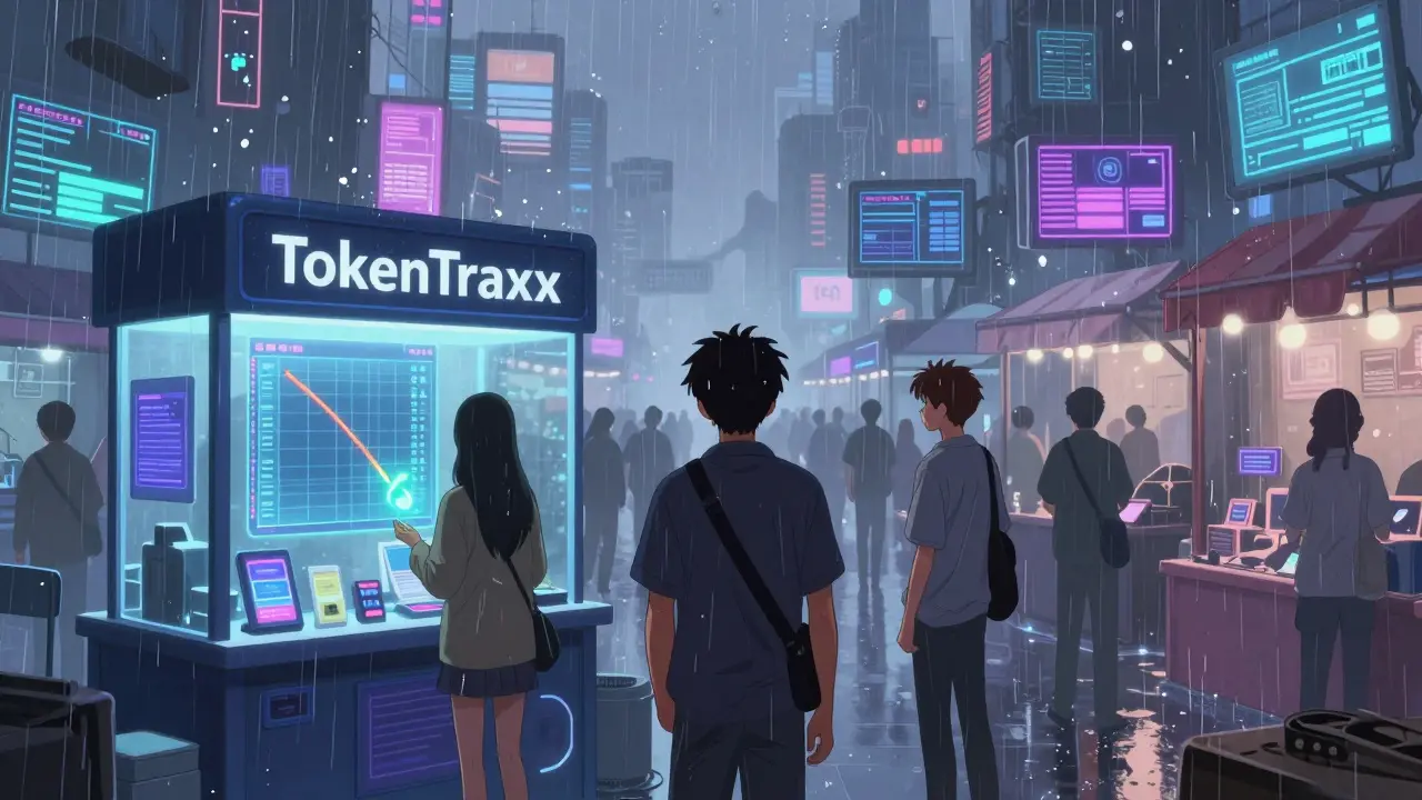 Three figures in a fading digital marketplace with a plummeting TRAXX price chart.