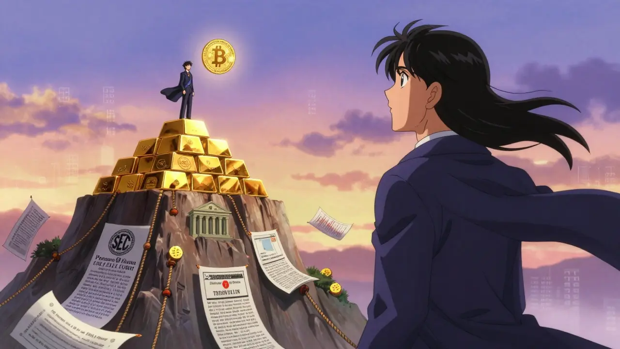Trustee atop gold and stock mountains, gazing at a glowing Bitcoin above a temple carved with SEC and Wyoming laws.