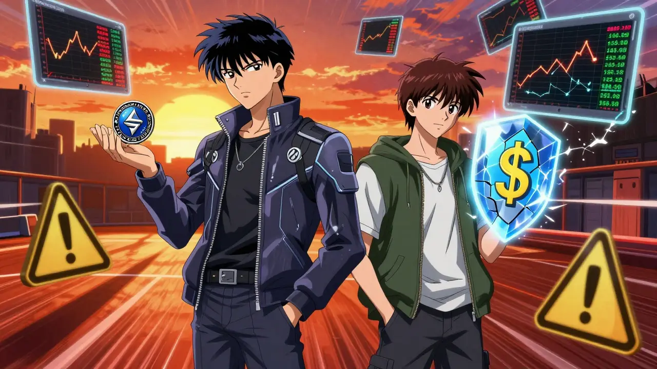 Two characters face off in a trading arena, one with dual crypto tokens, the other with a single token protected by a shield.